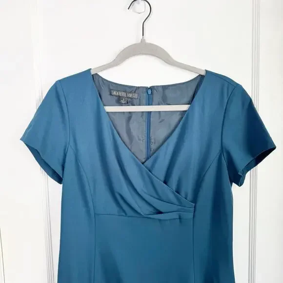 Lafayette 148 New York V-Neck Virgin Wool Pencil Dress Fluted Back Skirt Size 6 - Picture 3 of 12